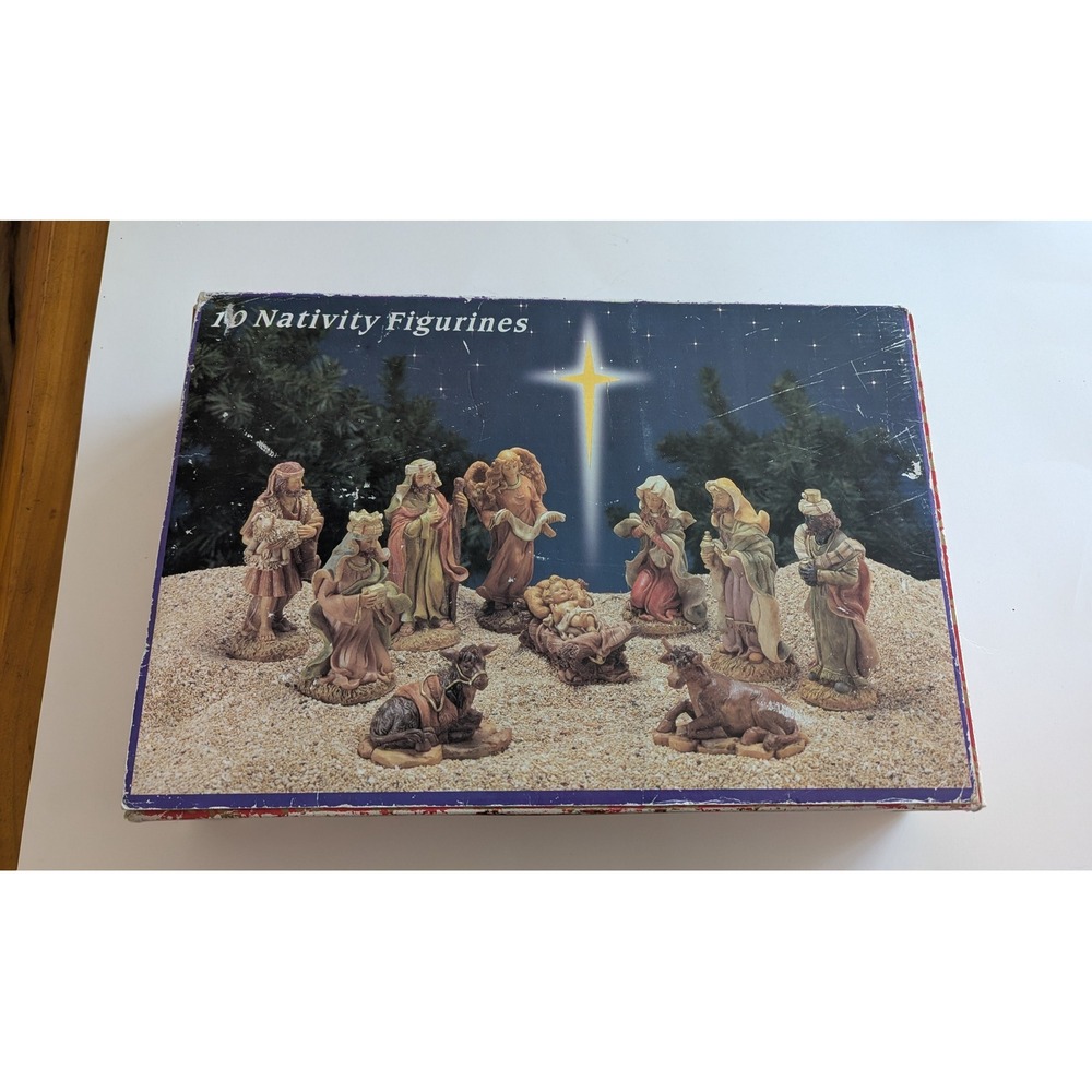 Vintage Style 10 Piece Nativity Figurine Set Hand Painted Resin Christmas Decor